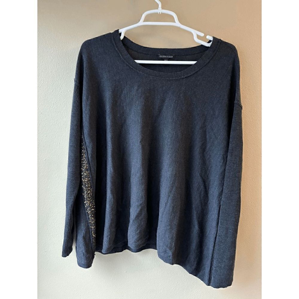 Eileen Fisher Dark Grey Merino Wool Sweater with Sequin Detailing Size Medium